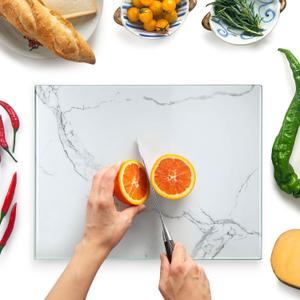 Glass Cutting Board 16"x12": Tempered Glass Kitchen Counter Protector - Durable- Scratch-Resistant, Heat-Proof - Design 2 - White Marble Effect