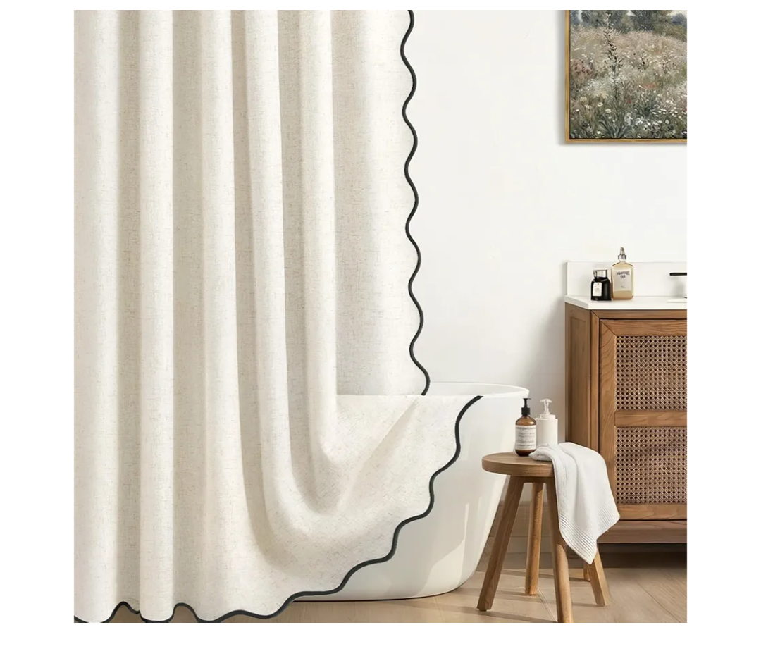 Linen Shower Curtain Flax White Cute Black Scalloped Boho Modern Shower Curtains for Bathroom Set, 72" W x 72" L