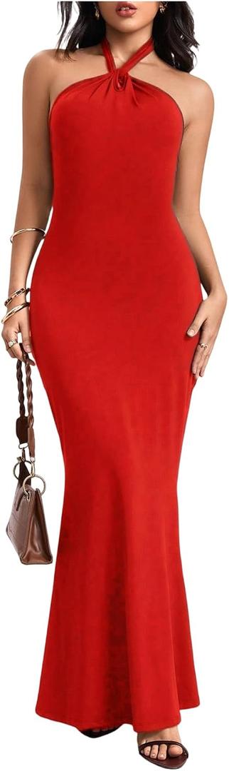 SOLY HUX Women's Bodycon Maxi Dress Halter Neck Sleeveless Backless Twist Party Club Going Out Long Dresses (Red, M)