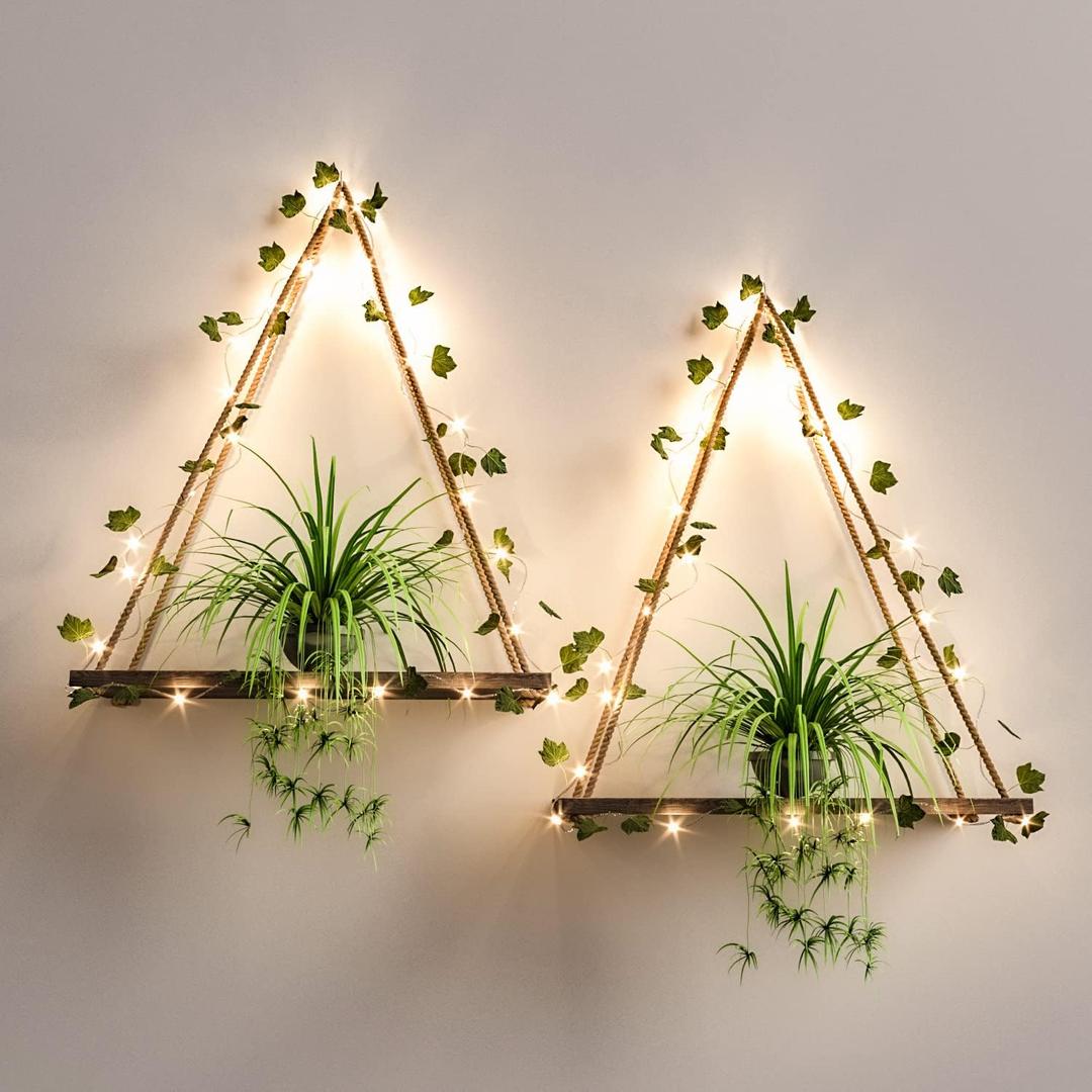 RICHER HOUSE Artificial Ivy LED-Strip Wall Hanging Shelves Set of 2, Macrame Shelf for Bedroom Bathroom Living Room Kitchen, Wood Hanging Plant Shelves for Wall Dcor (Ivya*2)
