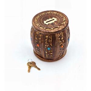 Wooden Antique Round Lockable Piggy Bank for Kids - Secure Money Box with Lock, Handmade Craftsmanship, Unique Gift Idea for Children, Decorative Barrel Savings Bank