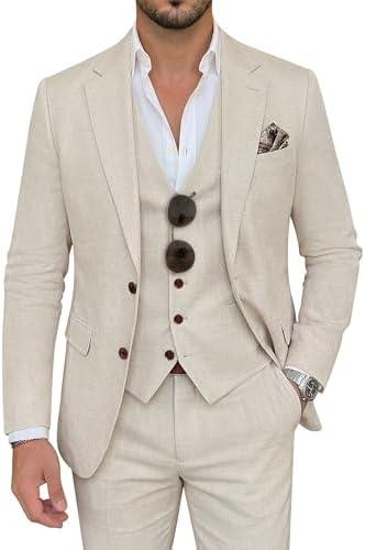 ZKHOECR Men's Suit 3 Piece Linen Suits Slim Fit Suit Blazer Vest Pants Set Wedding Prom Tuxedos Business Casual Suit M