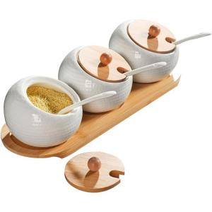 Ceramic Seasoning Container Spice Jar, Home Kitchen Seasoning Box Food Storage Container with Bamboo Lid and Bamboo Tray, Ceramic Spoon 200 ml (7 oz), Set of 3 Bottles, Suitable for Kitchen