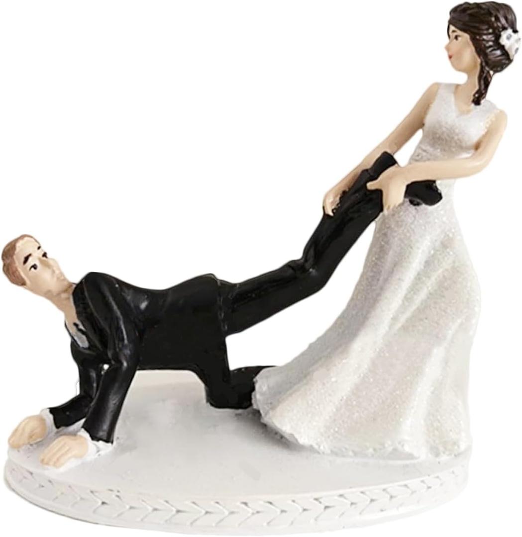 4.2 X 3.9 in Bride Dragging Groom Cake Topper, Funny Wedding Party Figurine Decor