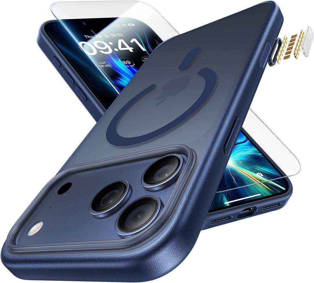 3 in 1 Magnetic Shockproof for iPhone 17 Pro Case, [Fit for MagSafe] [TOP Military Protection] 1X Screen Protector+1X Wrist Strap, Camera Control Cover for iPhone 17 Pro Translucent Deep Blue