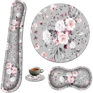 Keyboard Wrist Rest & Mouse Pad & Mouse Wrist Rest Support & Coaster, Non Slip Rubber Base Wrist Support with Ergonomic Raised Memory Foam for Computer Laptop Home Office, Pink Rose Floral