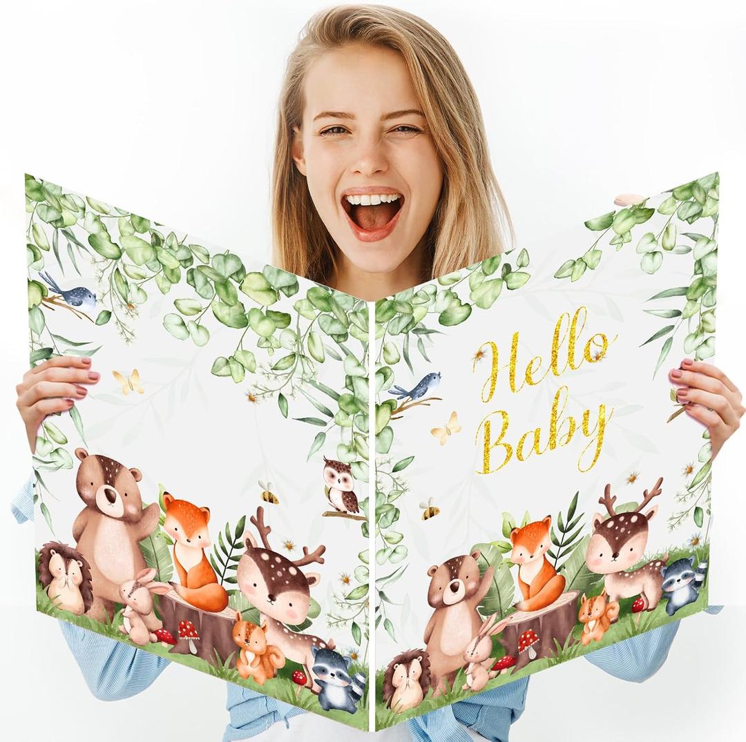 Giant Baby Shower Greeting Card 22 x 14 inch Big Woodland Animals Baby Shower Decorations Card Large Sage Green Baby Plastic Card Gift for Girl Boy Neutral Party Supplies Gender Reveal Party Decor