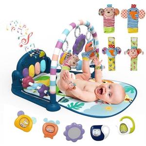 dearlomum Baby Play Mat Gym,Funny Play Piano Tummy Time Activity Mat with 5 Infant Sensory Toys & 4 Wrist Rattle Socks, Boy & Girl Gifts for Newborn 0 to 3 6 9 12 Months(Blue)