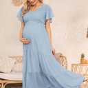 Swiss Dot Smocked Maternity Dress for Photoshoot Baby Shower, Flowy V Neck Ruffle Sleeve Empire Waist Tiered Dress, XL