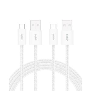 Belkin Braided USB-A to USB-C Cable (2M, 15W) - Soft, Flexible Fast-Charging Cable, Type C Charger Cord for iPhone 16 & 15 Series, Galaxy S25, Pixel 9, iPad Pro, & More - White (USB 2.0, 2-Pack)