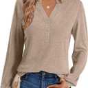 EasyGala Womens V Neck Long Sleeve Shirts Henley Dressy Casual Tops Loose Fit Trendy Tees Fall T Shirts Outfits 2025 (Beige, M)