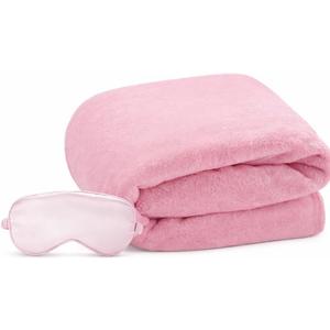 Travel Blanket, Airplane Blanket, Ultra-Soft, Warm & Lightweight, 65x40 in, Outdoor Blanket Essentials for Women, Men & Kids, Included Eye Mask, Luggage Sleeve & Backpack Clip Pink