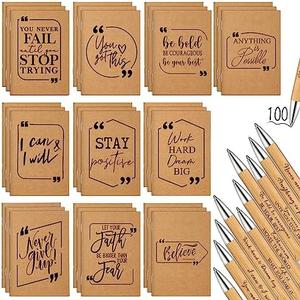 Fulmoon 200 Pcs Back to School Gifts Inspirational Notepads Pens Gifts Bulk Inspirational Mini Notebooks Motivational Pens for Students from Teacher Coworker Employee Team (Brown)