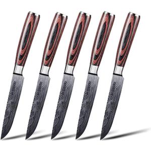 Seido Knives 5-Piece Straight-Edge Steak Knives Set - Full Tang with Ergonomic Pakkawood Handles, Stainless Steel Blades with Damascus Etching