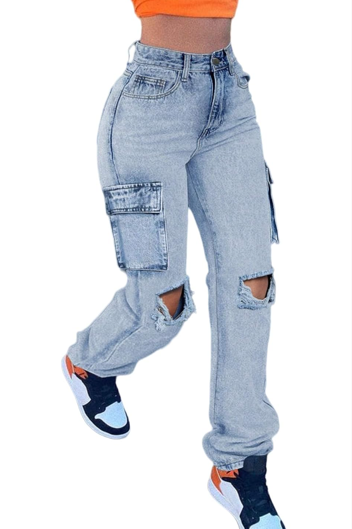 Women's High Waisted Ripped Boyfriend Cargo Jeans Distressed Denim Pants with Flap Pockets,Size M