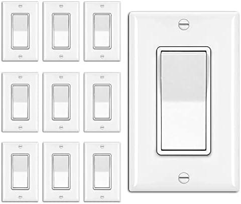 BESTTEN 10 Pack 3-Way Decorator Wall Light Switch with Wallplate, 15A 120V/277V, Single Pole or Three Way, On/Off Paddle Rocker Interrupter, UL Listed, White