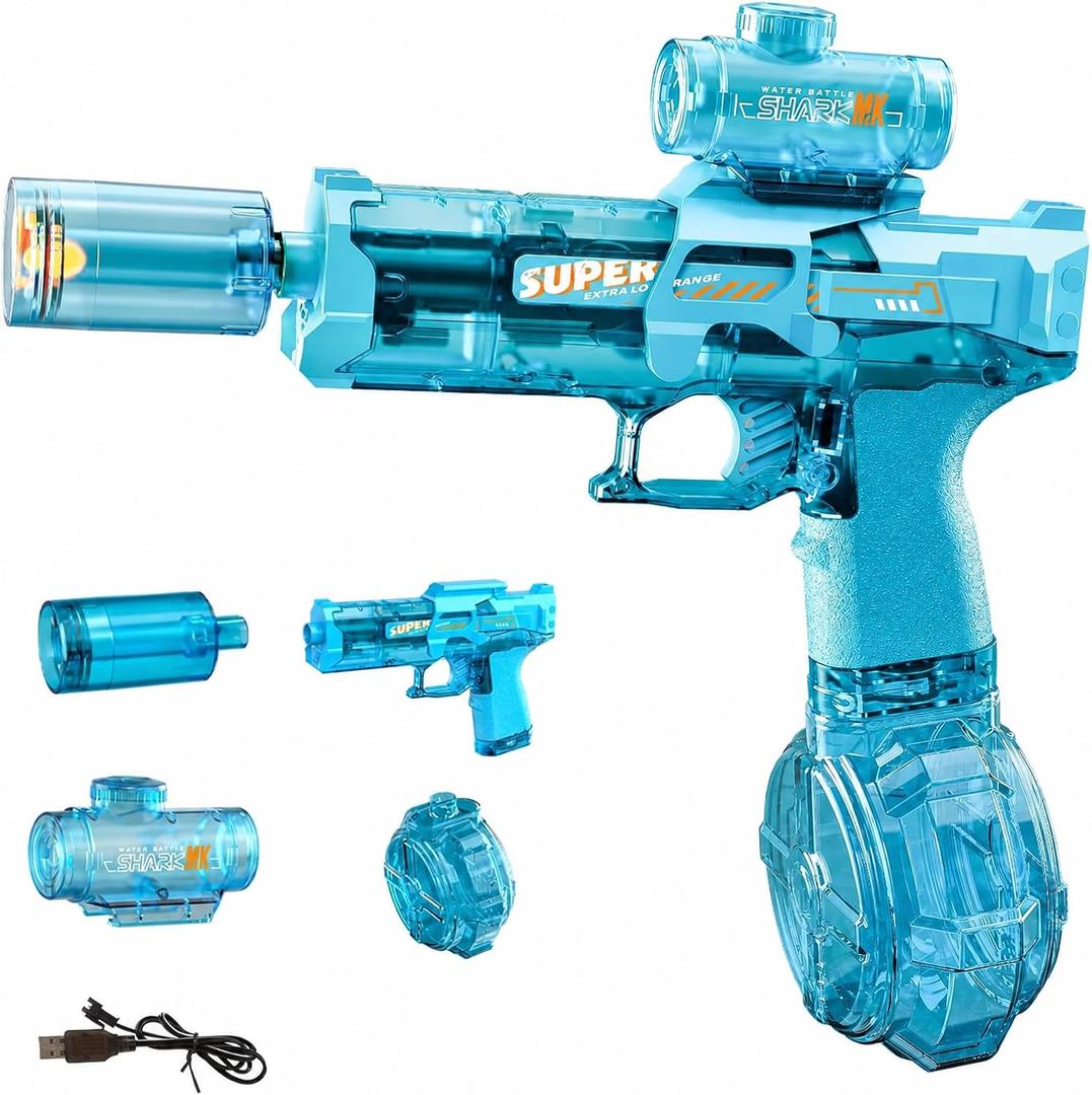 Electric Water Gun for Adults Kids, Transparent Automatic Squirt Watergun with Water Spray Sound and Led Lights, Summer Outdoor Water Pistol Pool Beach Party Toys for Boys Girls, Blue