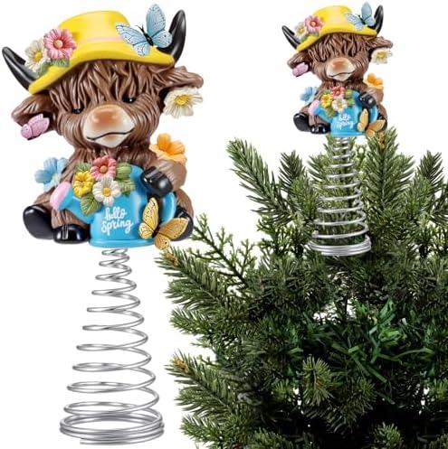 Gejoy Hello Spring Highland Cow Miniature Tree Topper, 5.1 Inch Mini Resin Cow Tree Topper with Flower Butterfly & Metal Spring Base, Cute Calf Lover Gifts for Easter Tiered Tray, Office, Home Decor
