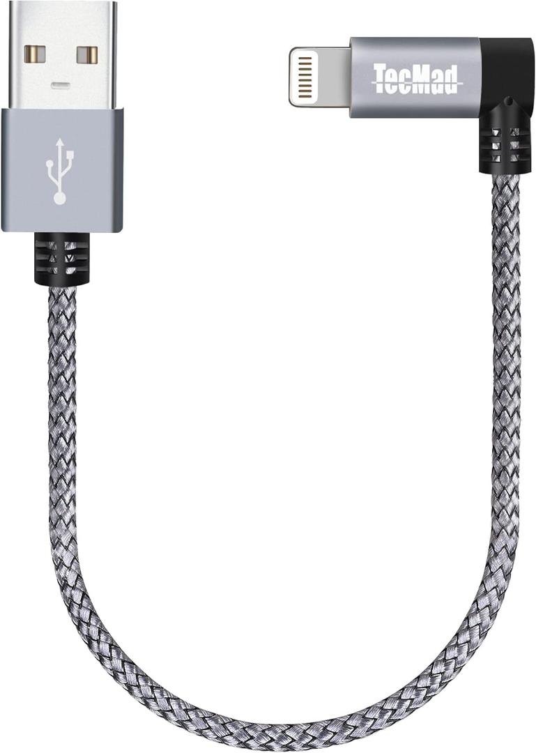 TecMad 0.65ft Short iPhone Charger Cord [C89 MFi Certified] 90 Degree Ligthning Cable, Nylon Braided for iPhone 14/14 Pro, AirPods Pro, iPhone 13/13 Pro/12, iPad Pro and More (Grey)