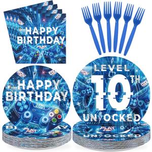 96Pcs Level 10 Birthday Party Decorations Boy 10 Years Old Plates and Napkins Blue Video Game Tableware Set for Boys Gamer Gaming 10th Birthday Party Supplies, Serves 24