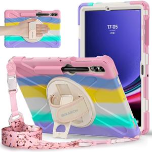 BRAECNstock Kids Case for Samsung Galaxy Tab S10+ Plus/ S9 FE+ Plus/ S9+ Plus/ S8+ Plus/ S7 FE/ S7+ Plus 5G 12.4" Shockproof Protective Cover with Pen Holder Rotating Stand&Hand Strap - Colorful Pink (12.4 inch Galaxy Tab S10+/S9 FE+/S9+/S8+/S7 FE/S7+, Hand Strap--Colorful Pink)