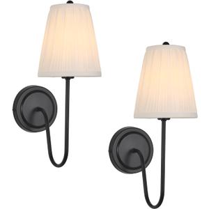 Electro bp; Elegant Single Wall Sconces White Pleated Fabric Lamp Shades with Black Curved Metal Arm Silk Cover Wall Lighting,E12,40W,Hardwired(Set of 2);