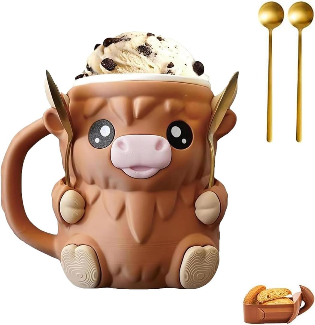 Highland Cow Ice Pint Holder,Ice Cream Pint Sleeves Cover with Handle,Cute Animal Ices Creams Cooler Container, Highland Cow Lover Gifts