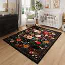 Rugcomf Bedroom Rug 3x5 Rug Washable Area Rug Non Slip Low Pile Boho Floral Small Carpet for Bedroom, Bedside, Kitchen, Entryway, Kids Room, Office, College Dorm Essentials for Girls(Black)