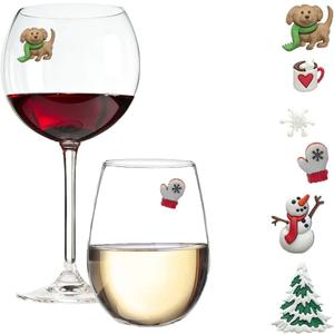 Wine Charms and Magnetic Glass Markers Fun for Winter with Snowman, Snowflake, Puppy Dog and more - Set of 6