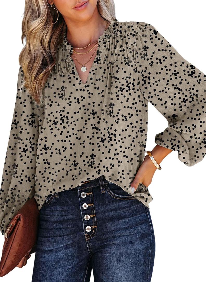 Dokotoo Women's Casual V Neck Alicia Floral Print Smocked Long Sleeve Chiffon Blouses Bohemian Top Shirts