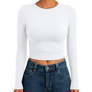 Trendy Queen Womens Long Sleeve Crop Tops Basic Slim Fitted Shirts Spring Fashion Outfits 2026 Teen Girl Clothes (X-Small, White)