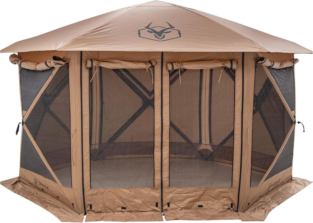 Gazelle Tents G6 Cool Top 6-Sided Portable Gazebo, Easy Pop-Up Hub Screen Tent, Waterproof, UV Resistant, 8-Person & Table, Badlands Brown, 91 x 139 x 123, GG620BR
