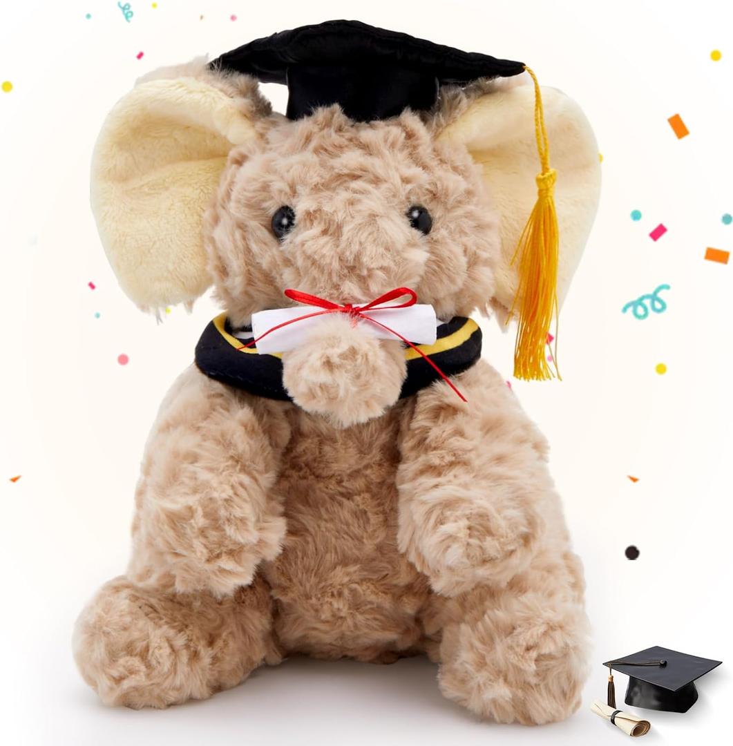Plush Graduation Elephant Stuffed Animal Toy with Cap & Certificate, Elephant Stuffed Plush Graduation Gifts for Boys & Girls, 9.25 Inch