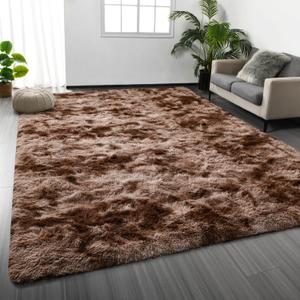 Large Shag Area Rugs 9 x 12, Tie-Dyed Plush Fuzzy Rugs for Living Room, Ultra Soft Fluffy Furry Rug for Bedroom, Indoor Carpet Nursery Rugs for Kids Room Home Decor, Coffee