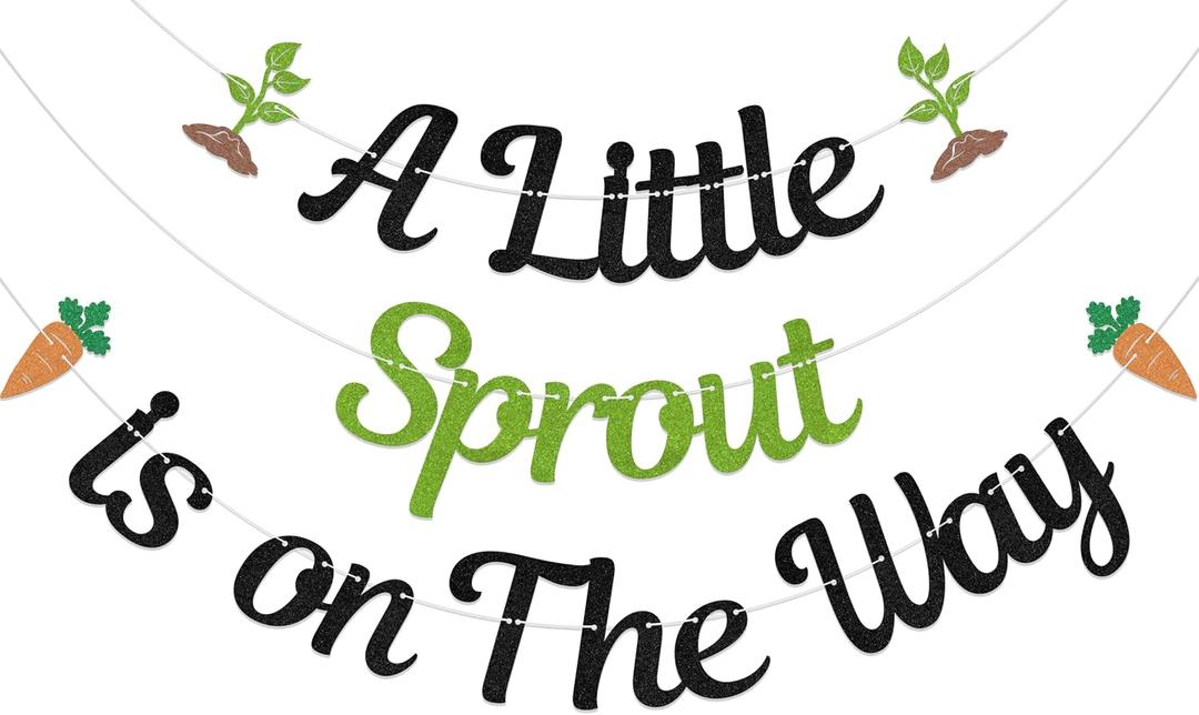 A Little Sprout is on The Way Banner Spring Themed Baby Shower Decorations Gender Reveal Party Decor Sign Black Glitter