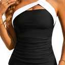 Tempt Me Women Black White Tankini Top Plus Size Swim Tops Ruched One Shoulder Bathing Suit Swimsuit Tops, Black, XXL