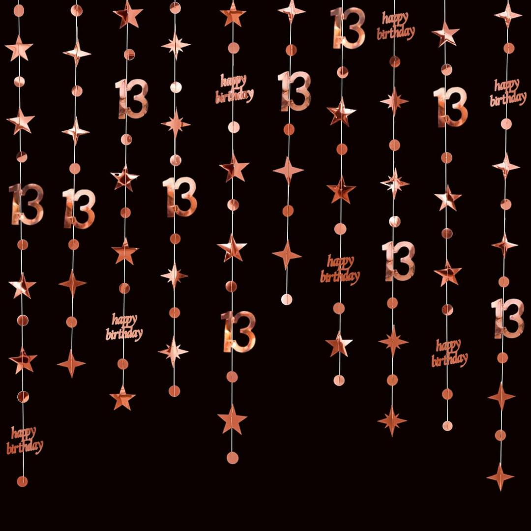 GCQQ 13th Birthday Decorations for Girls - 46FT Rose Gold Number 13 Happy Birthday Star Circle Dot Garlands (14M) 4 Pre-Strung Hanging Streamer for 13 Year Old Teen Girl Birth Day Party Backdrop Decor