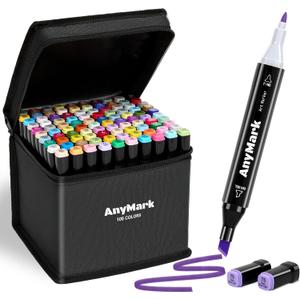 AnyMark Alcohol Markers, 100 Colors Dual Tip Art Coloring Markers Set for Adult Book Drawing Sketching Painting, Chisel & Fine, Black Penholder