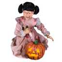 Haunted Hill Farm Lunging Pumpkin Carver Zombie Girl by Tekky, Motion-Activated Talking Halloween Animatronic for Indoor or Covered Outdoor Creepy Halloween Decorations, Plug-in or Battery Operated