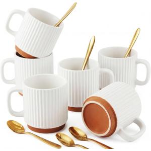 6 Set Ceramic Coffee Mugs with Gold Spoons, 8.8 oz Textured Ribbed Coffee Cups for Latte & Cappuccino, Modern Farmhouse Tea Mugs with Handle, Dishwasher & Microwave Safe(White)
