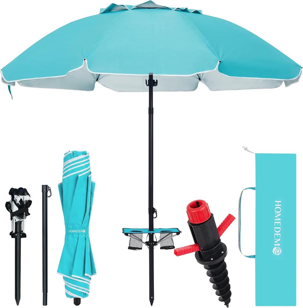 HOMEDEMO 7FT Beach Umbrella with Table & Anchor, Heavy Duty Windproof with UPF 50+ Sun Protection, Outdoor Umbrellas with Adjustable Aluminum Pole