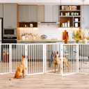 Vantas Folding No-Assembly Metal Pet Gate 120" Wide, 32" Extra Tall Dog Gate with Door Walk Through, Freestanding Accordion Puppy Gate Dog Door for Indoor & Outdoor, with 2PCS Support - White
