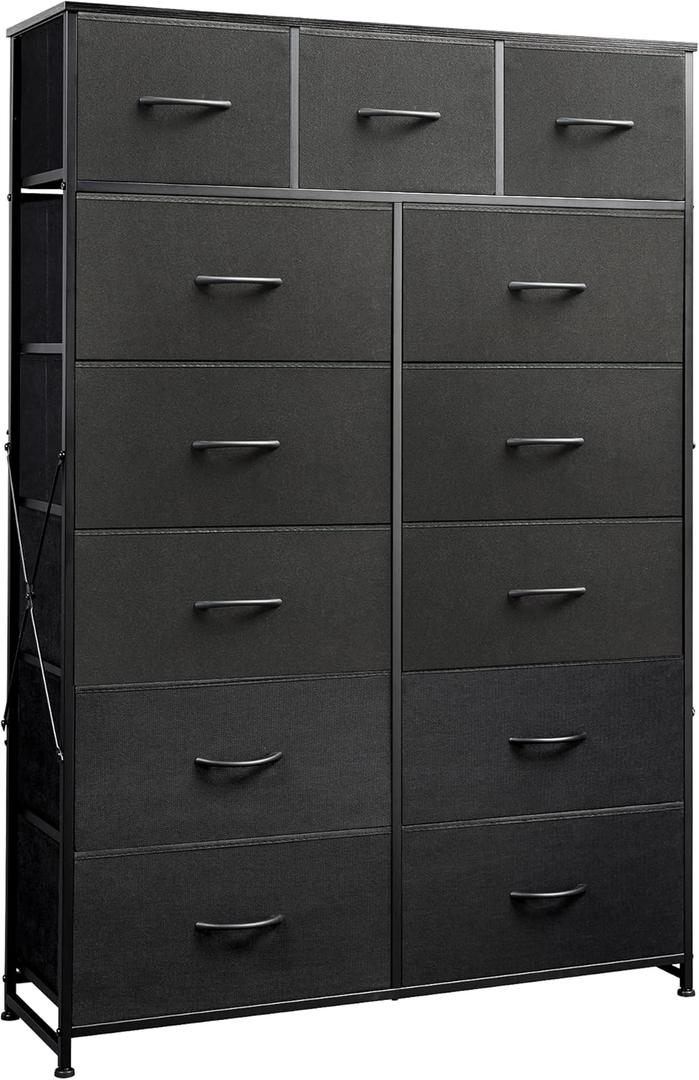 WLIVE Tall Dresser for Bedroom with 13 Drawers, Storage Dresser Organizer Unit, Fabric Dressers for Bedroom, Closet, Chest of Drawers with Fabric Bins, Steel Frame, Wood Top, Charcoal Black
