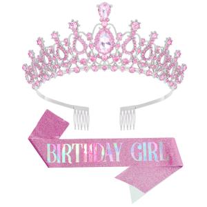 Birthday Tiara and Crown with Sash for Women, Hair Accessories for Wedding Party Costume (B - Pink)