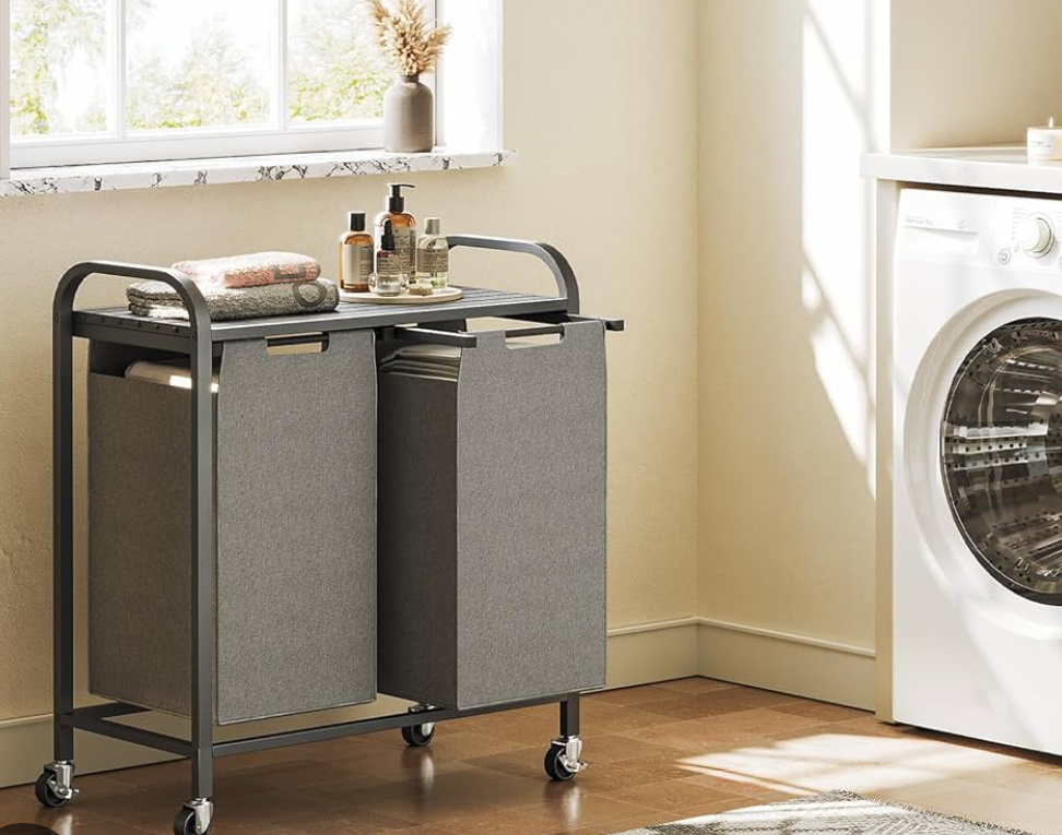 ALOFA Laundry Basket, Laundry Hamper 2 Section, Laundry Bags, Laundry Hamper with Shelf, DIY Letter Stickers, Grey