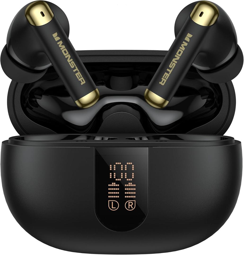 Monster N-Lite 211 Wireless Earbuds Bluetooth 6.0 Stereo Headphones with Noise-Cancelling Mic and LED Display, Built-in Mic for Clear Calls, Waterproof Design for Sports