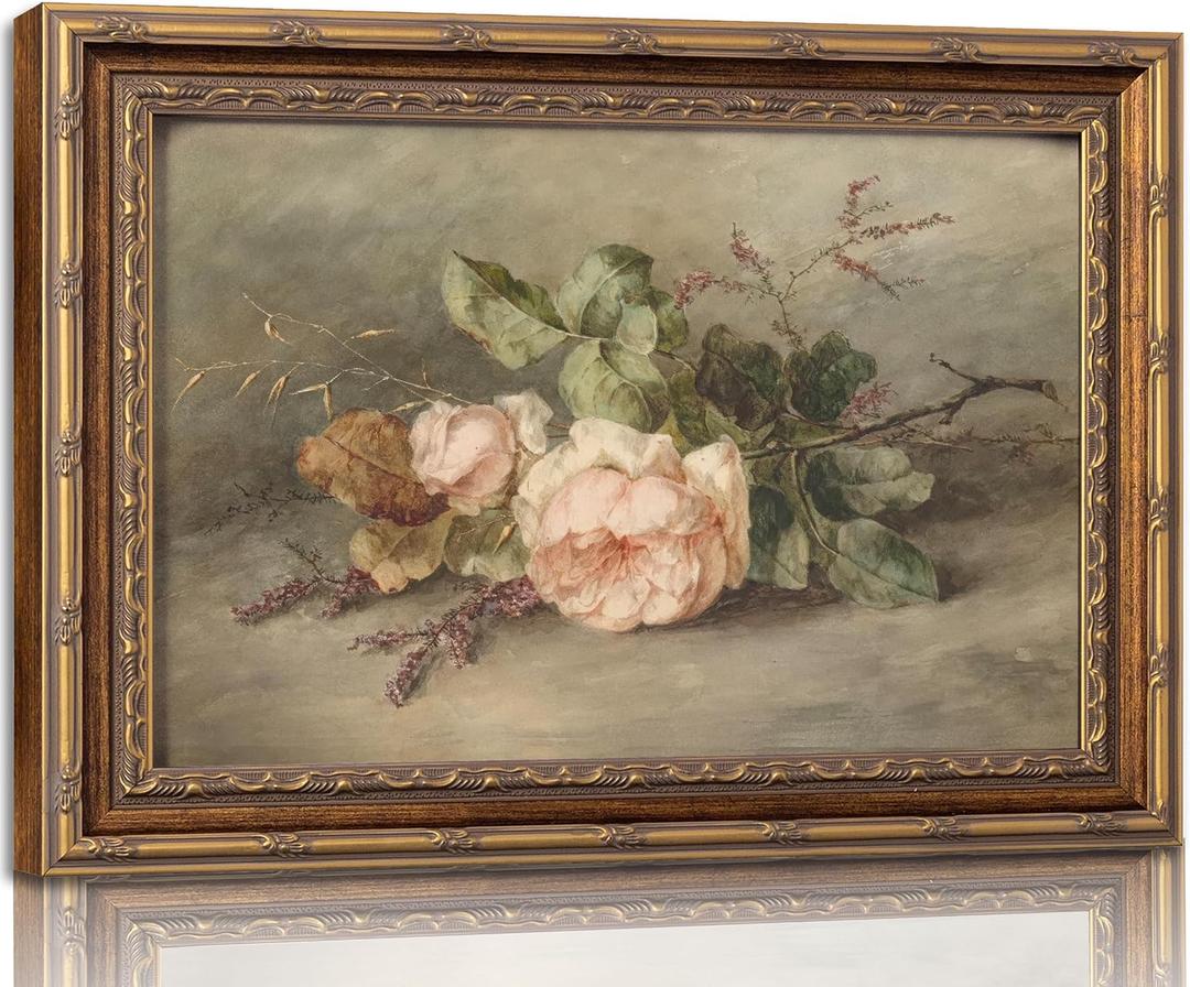 Vintage Gold Framed Flower Still Life Wall Art Retro Rose and Wildflower Wall Decor Pink Floral Print artwork Farmhouse Country Flower painting Picture for Gallery Kitchen Living Room Bedroom 16X24in