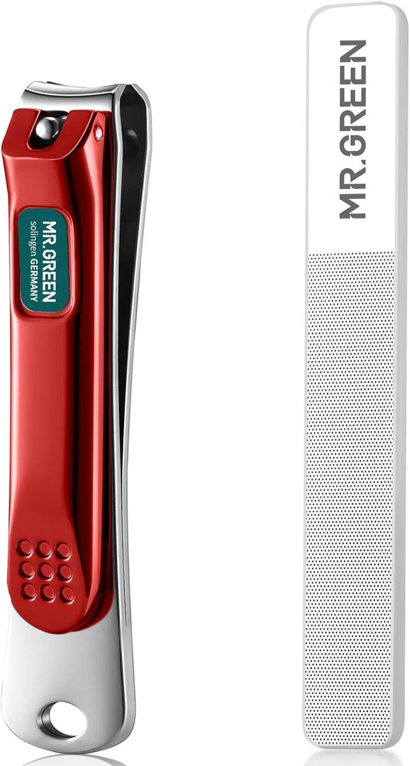 MR.GREEN Nail Clippers Curved Blades Fingernail Cutter Nippers Manicure Scissors Stainless Steel Pedicure Tools with Nail Flies (Medium-Red+Glass File)