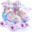 Kids Roller Skates, 4 Size Adjustable Quad Skates with All Light Up Wheels, 10C to 8 Rollerskates for Toddlers, Beginners, Boys, Girls, Outdoor, Indoor (Large - Youth, Pink)