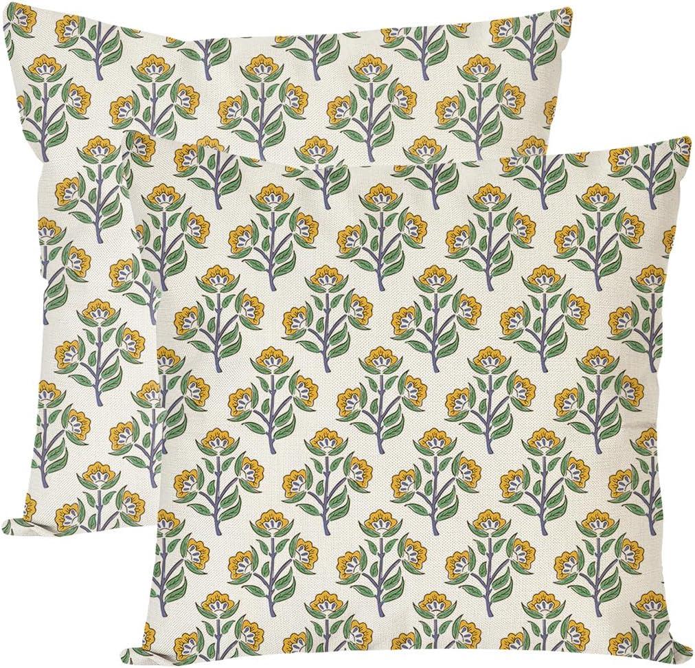 PANDICORN Block Print Throw Pillow Covers 18x18 Inch Set of 2 Green and Yellow Floral Vintage Boho Outdoor Spring Summer Decorations Decorative Throw Pillows Cases for Home Bed Living Room Couch Decor